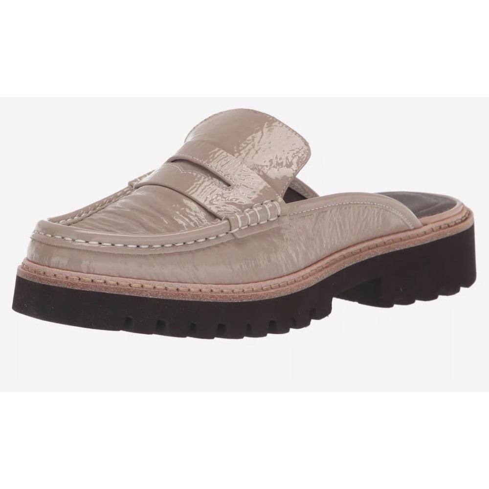 Donald Pliner 10 Hillie Crinkle Patent Slip On Loafer Mushroom Taupe Mule $188